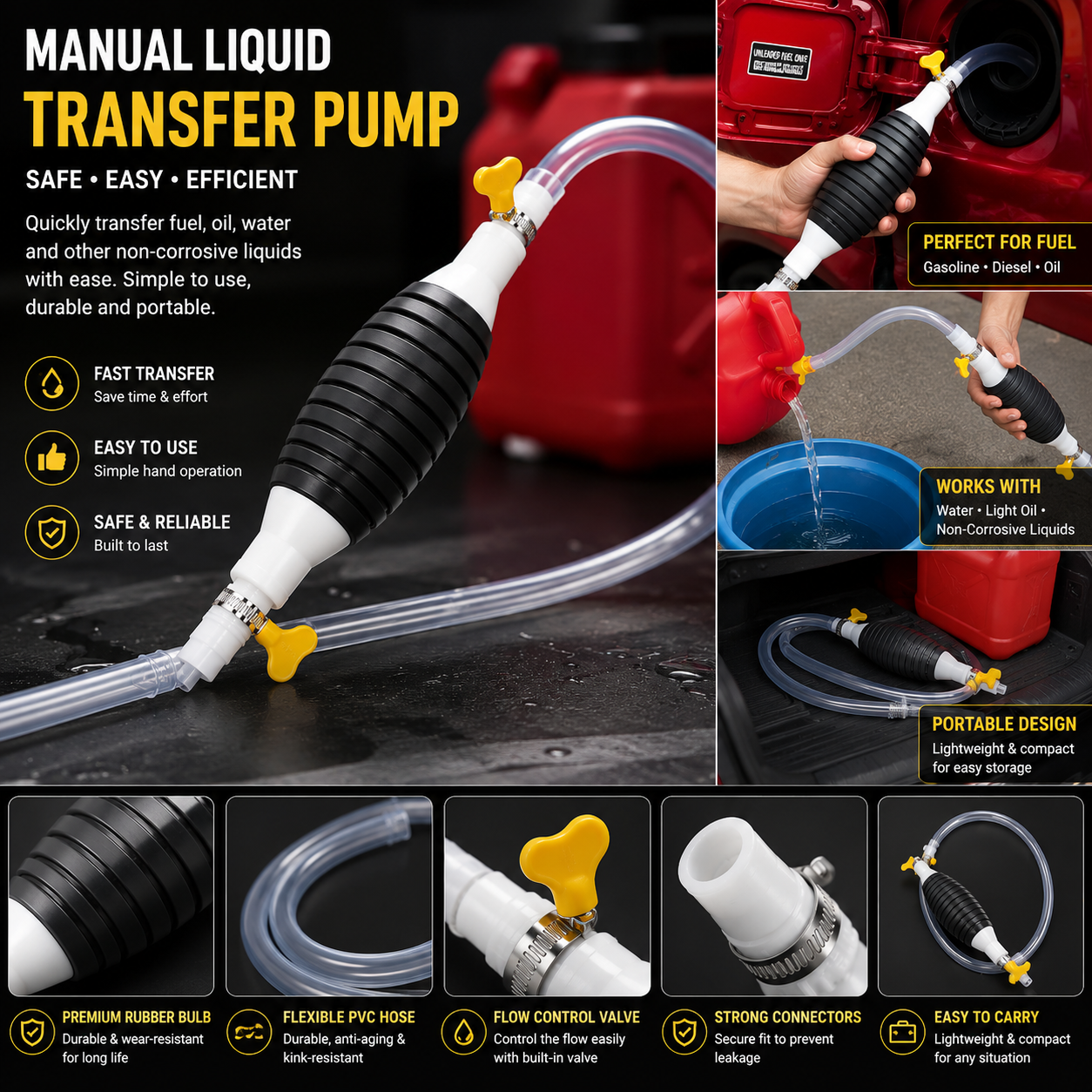 Portable Hand Siphon Transfer Pump for Cars, Bikes & Generators