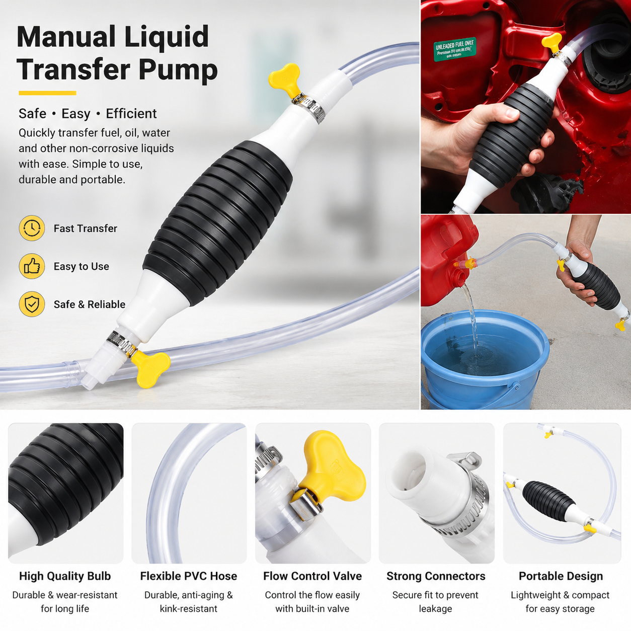 Portable Hand Siphon Transfer Pump for Cars, Bikes & Generators